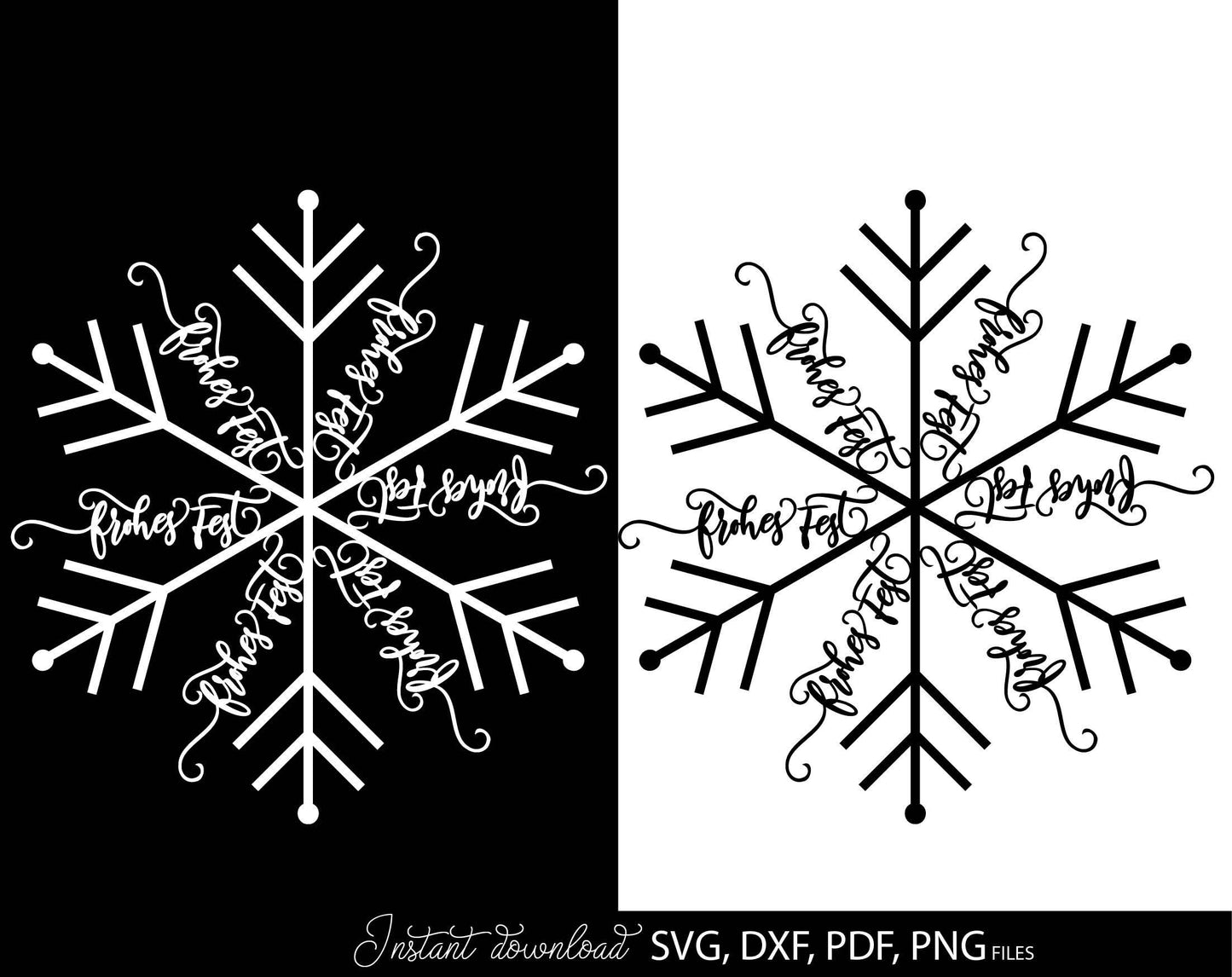 Schneeflocke Svg Png DXF PDF plotter file -Frohes Fest quote on it. Compatible with Cricut, Silhouette or other equipment. Cut from vinyl, use for sublimation or laser cut or grave projects. Buy now for a good price and enjoy!