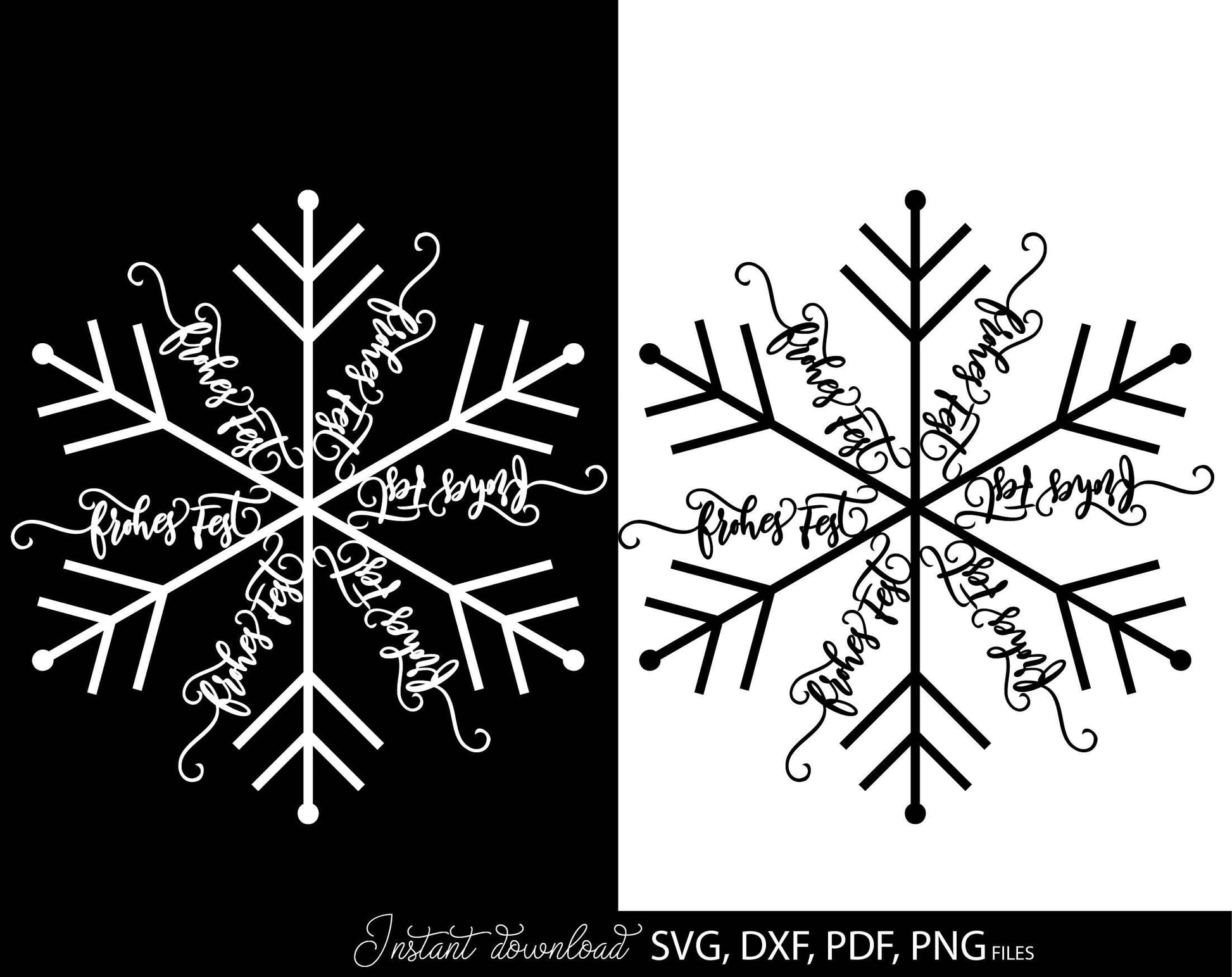 Schneeflocke Svg Png DXF PDF plotter file -Frohes Fest quote on it. Compatible with Cricut, Silhouette or other equipment. Cut from vinyl, use for sublimation or laser cut or grave projects. Buy now for a good price and enjoy!