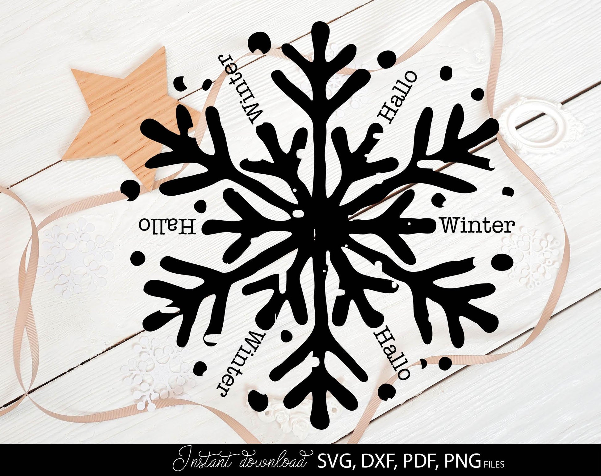 Hallo Winter snowflake for Your Christmas window decor. SVG DXF PDFPNG files included. Compatible with Cricut, Silhouette or other equipment. Cut from vinyl, use for sublimation or laser cut or grave projects. Buy now for a good price and enjoy!