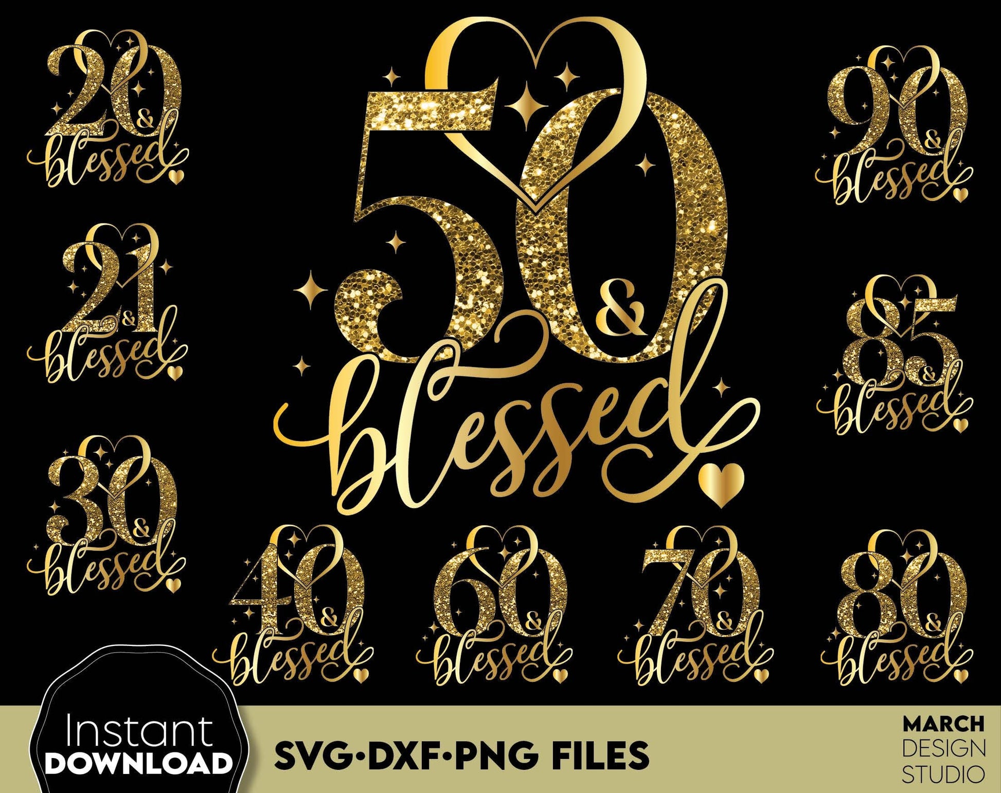 Blessed Years gold glittered and black Birthday shirts Bundle. SVG DXF PNG files included. Compatible with Cricut, Silhouette or other equipment. Cut from vinyl, use for sublimation or laser cut or grave projects. Buy now for a good price and enjoy!