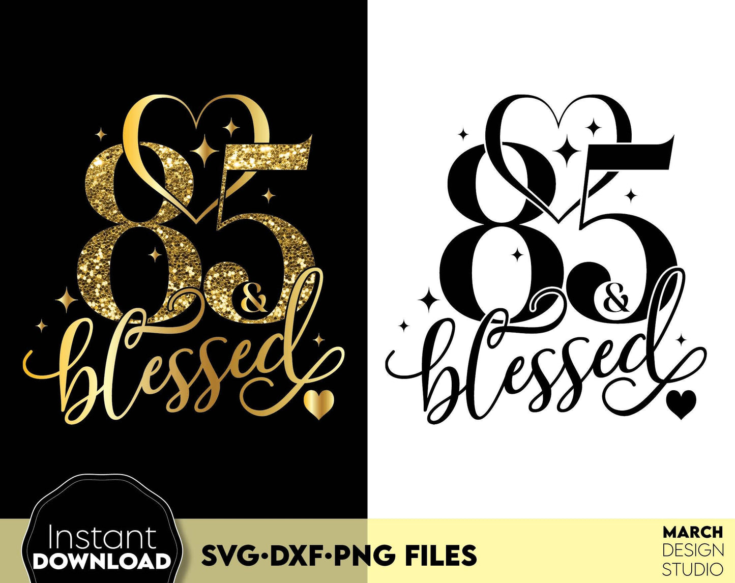 85 and blessed Birthday shirt design for cutting from vinyl and glittered PNG included for Your sublimation projects. SVG, PNG, DXF files included. Compatible with Cricut, Silhouette and other machines. Buy now for a good price and enjoy!