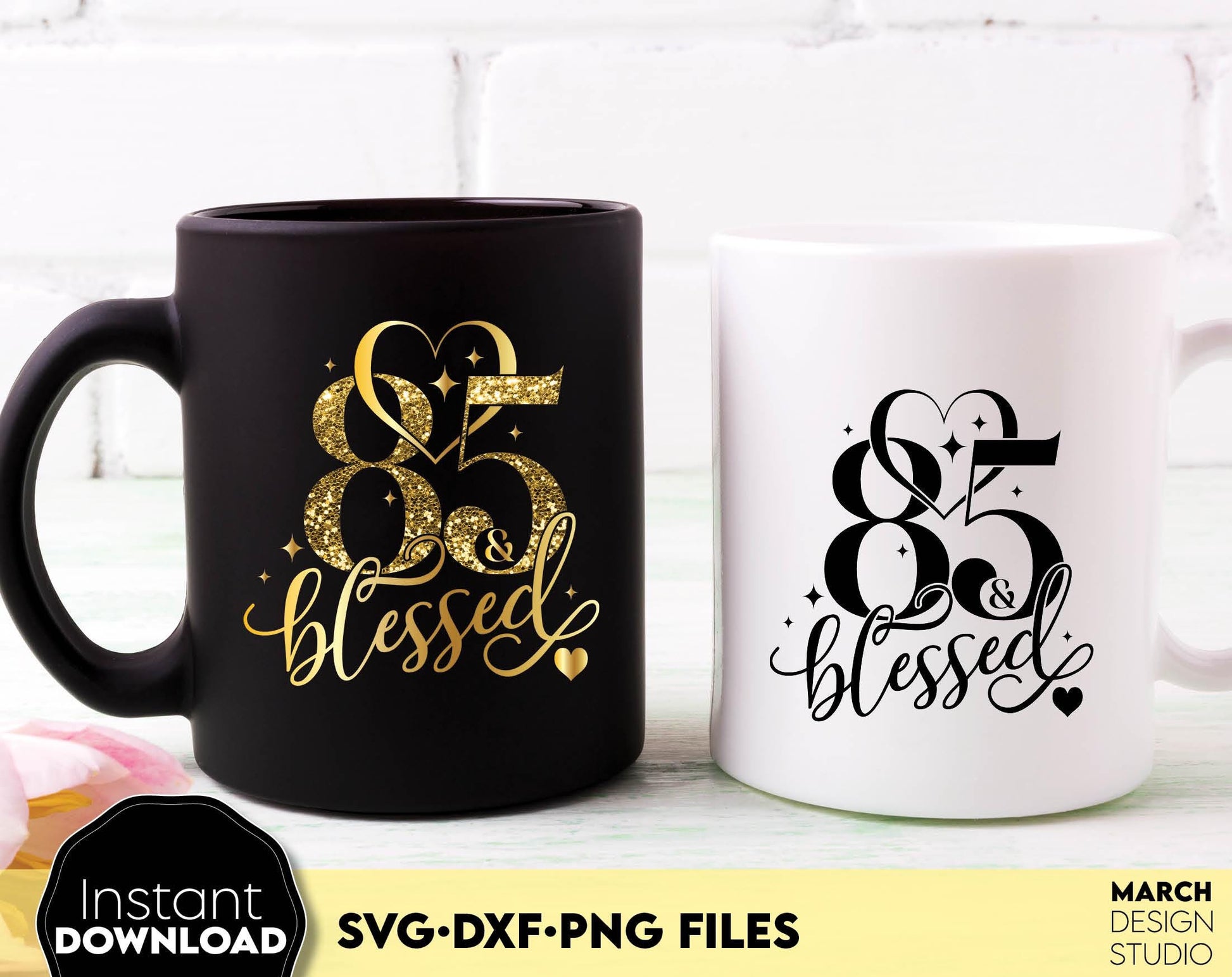 85 and blessed Birthday shirt design for cutting from vinyl and glittered PNG included for Your sublimation projects. SVG, PNG, DXF files included. Compatible with Cricut, Silhouette and other machines. Buy now for a good price and enjoy!