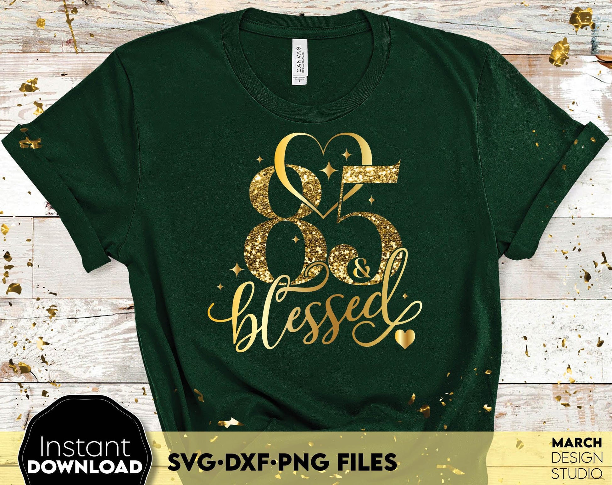 85 and blessed Birthday shirt design for cutting from vinyl and glittered PNG included for Your sublimation projects. SVG, PNG, DXF files included. Compatible with Cricut, Silhouette and other machines. Buy now for a good price and enjoy!