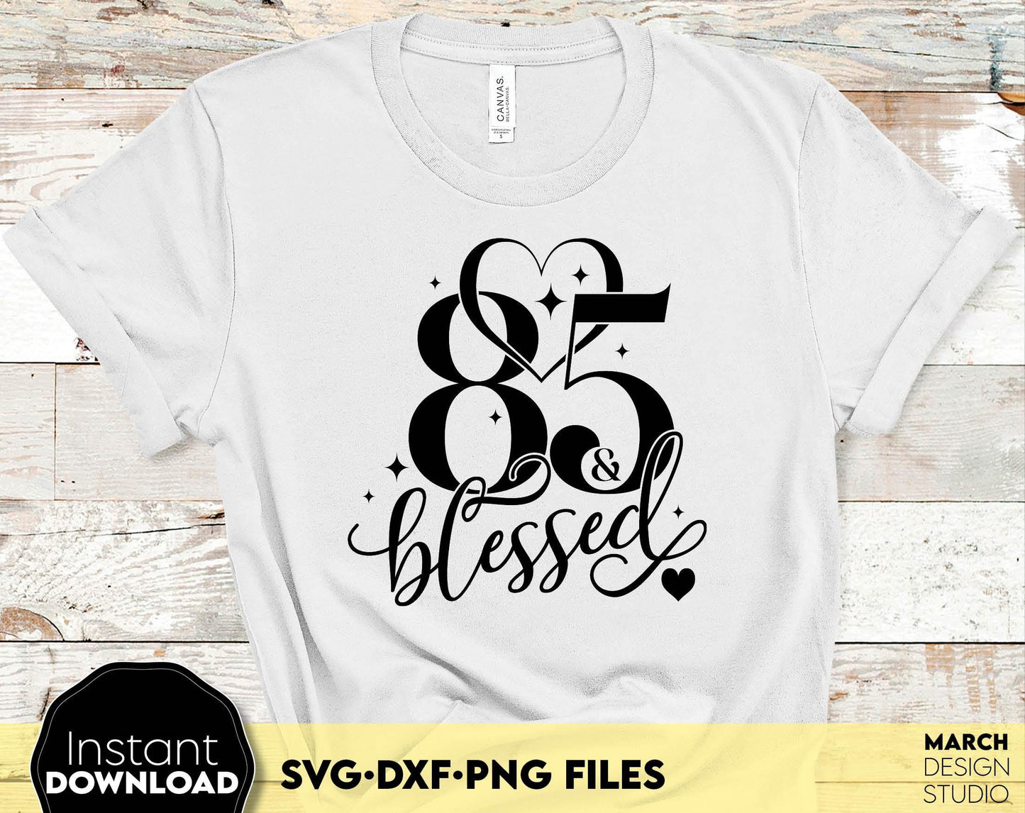 85 and blessed Birthday shirt design for cutting from vinyl and glittered PNG included for Your sublimation projects. SVG, PNG, DXF files included. Compatible with Cricut, Silhouette and other machines. Buy now for a good price and enjoy!