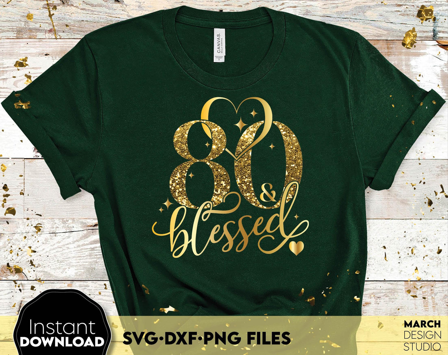 80 and blessed Birthday shirt design for cutting from vinyl and glittered PNG included for Your sublimation projects. SVG, PNG, EPS, DXF files included. Compatible with Cricut, Silhouette and other machines. Buy now for a good price and enjoy!