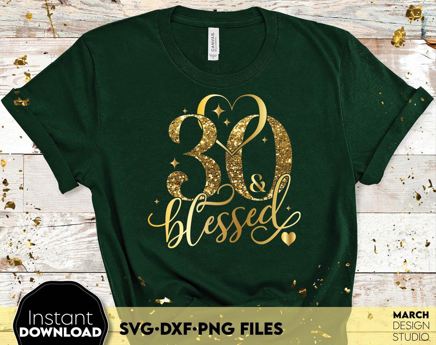 30 and blessed Birthday shirt design for cutting from vinyl and glittered PNG included for Your sublimation projects. SVG, PNG, EPS, DXF files included. Compatible with Cricut, Silhouette and other machines. Buy now for a good price and enjoy!