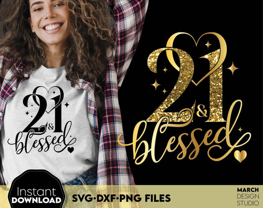 Blessed by God for 60 Years gold glittered and black Birthday shirt design. SVG DXF PNG files included. Compatible with Cricut, Silhouette or other equipment. Cut from vinyl, use for sublimation or laser cut or grave projects. Buy now and enjoy!