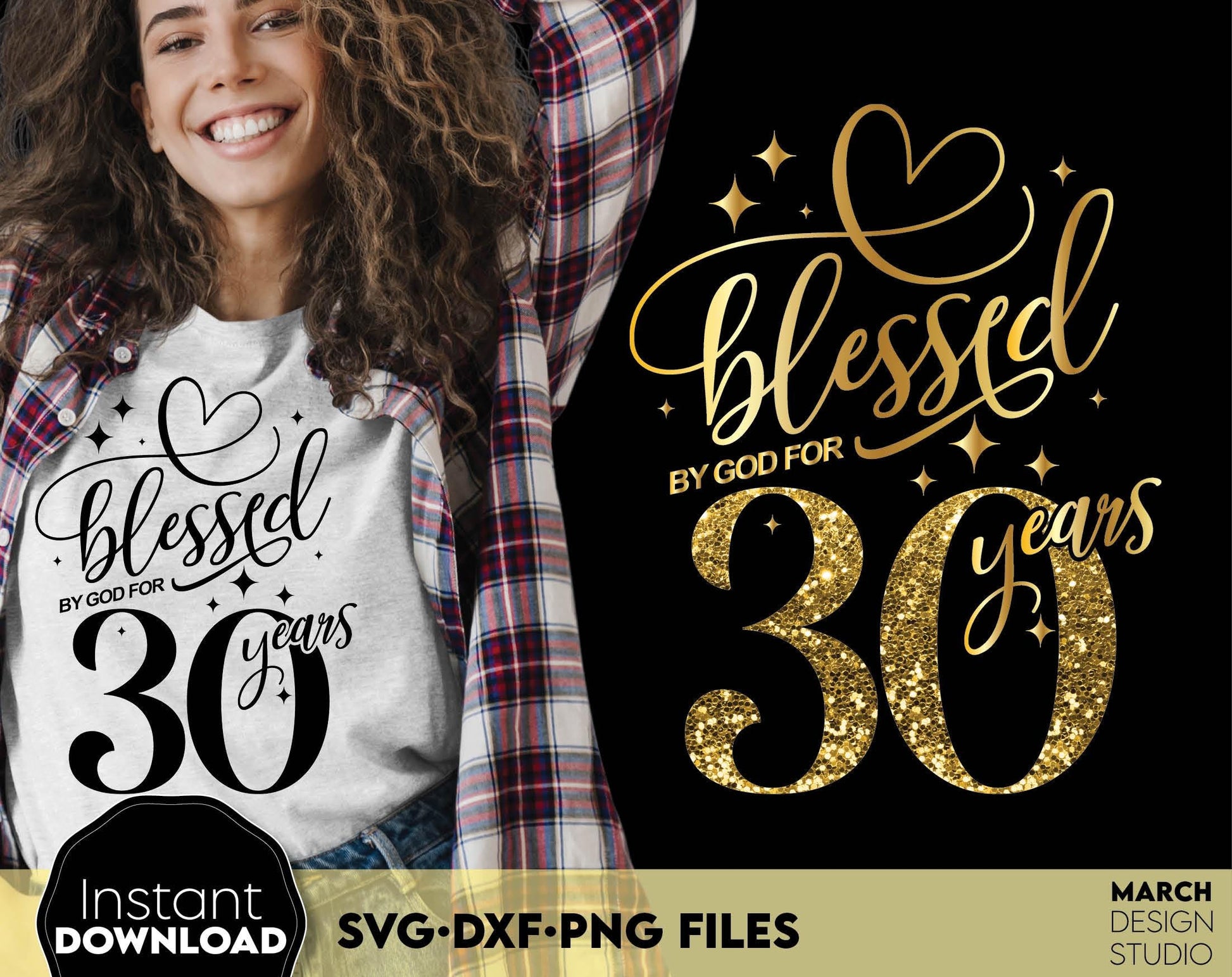 Blessed By God gold glittered and black Birthday shirts Bundle. SVG DXF PNG files included. Compatible with Cricut, Silhouette or other equipment. Cut from vinyl, use for sublimation or laser cut or grave projects. Buy now for a good price and enjoy!