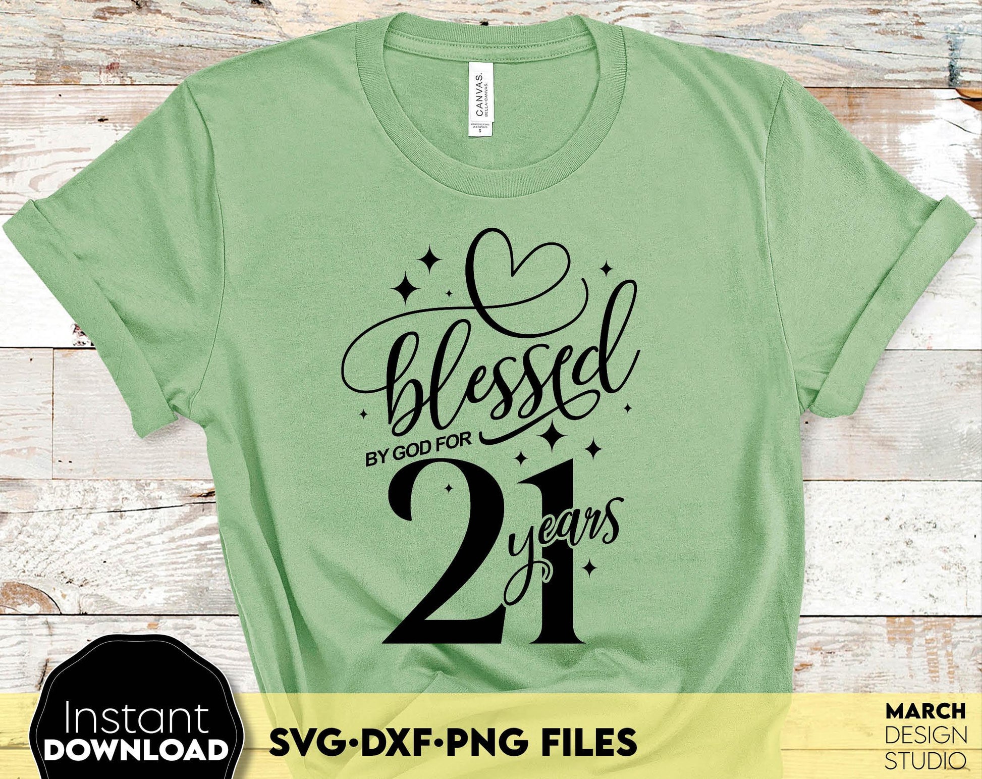 Blessed by God for 21 Years gold glittered and black Birthday shirt design. SVG DXF PNG files included. Compatible with Cricut, Silhouette or other equipment. Cut from vinyl, use for sublimation or laser cut or grave projects. Buy now and enjoy!