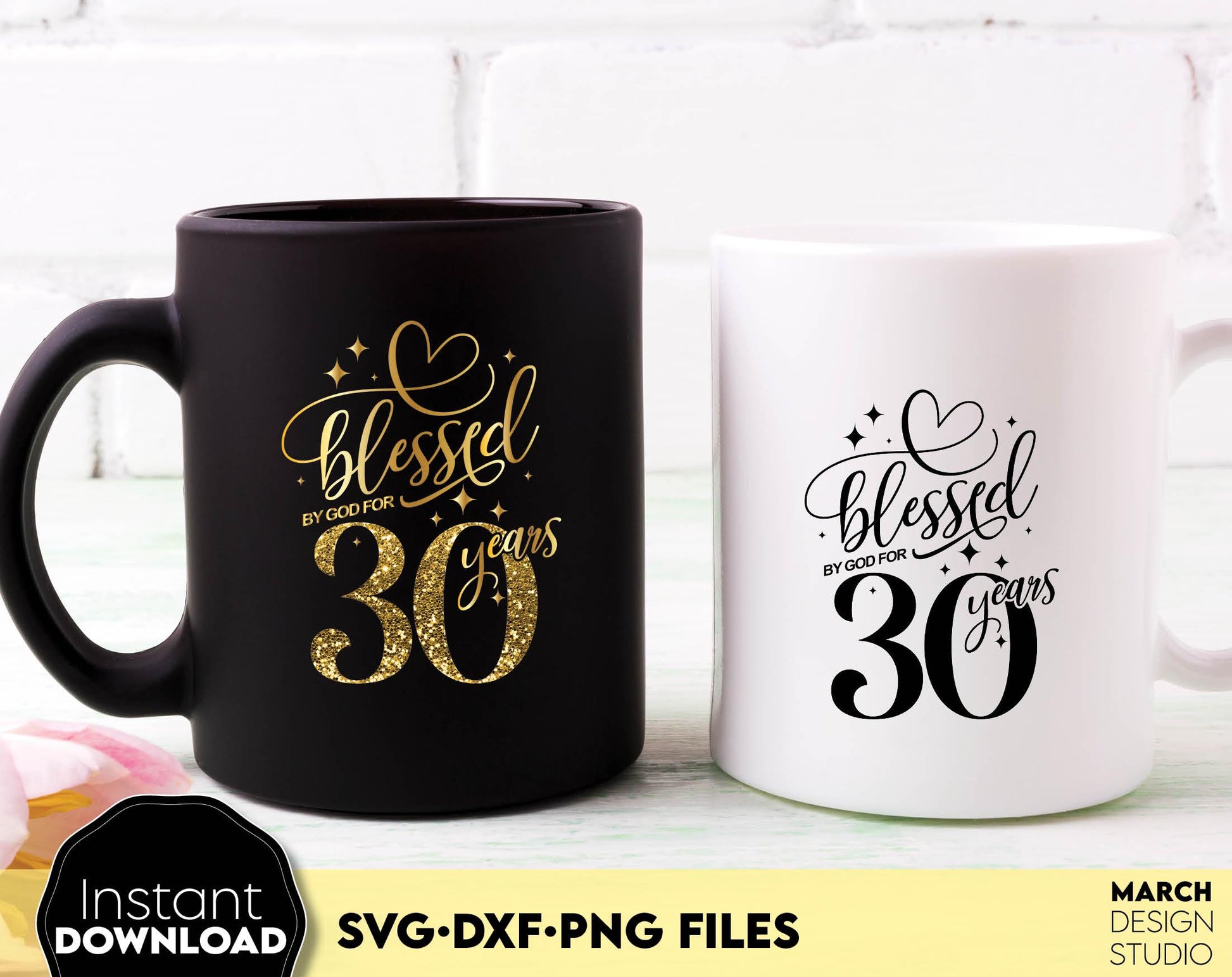 Blessed by God for 30 Years gold glittered and black Birthday shirt design. SVG DXF PNG files included. Compatible with Cricut, Silhouette or other equipment. Cut from vinyl, use for sublimation or laser cut or grave projects. Buy now and enjoy!