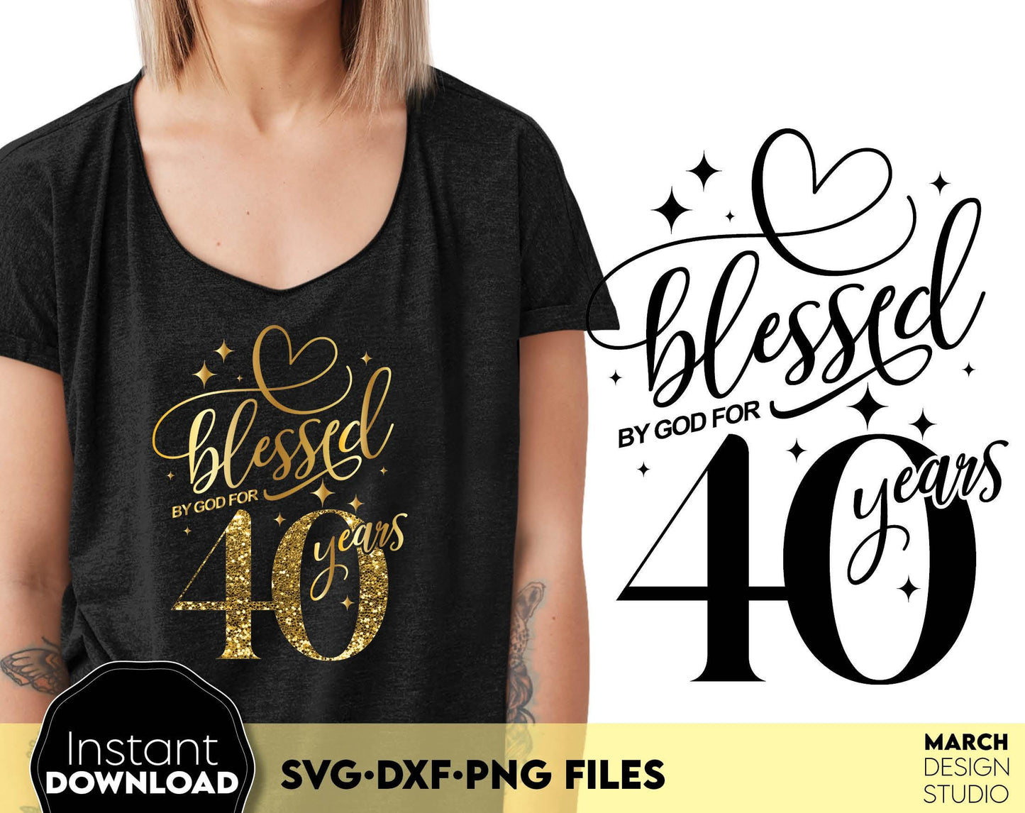 Blessed by God for 20 Years gold glittered and black Birthday shirt design. SVG DXF PNG files included. Compatible with Cricut, Silhouette or other equipment. Cut from vinyl, use for sublimation or laser cut or grave projects. Buy now and enjoy!