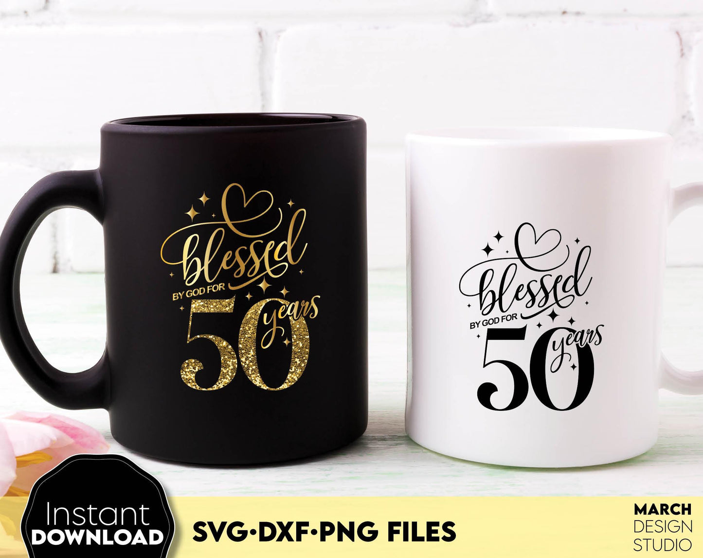 Blessed by God for 50 Years gold glittered and black Birthday shirt design. SVG DXF PNG files included. Compatible with Cricut, Silhouette or other equipment. Cut from vinyl, use for sublimation or laser cut or grave projects. Buy now and enjoy!