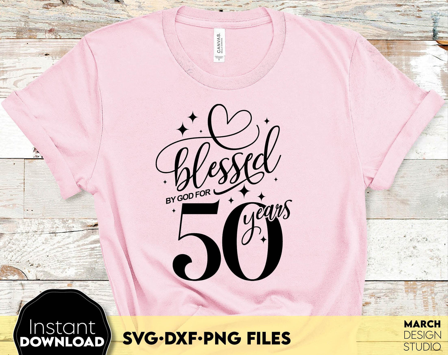 Blessed by God for 50 Years gold glittered and black Birthday shirt design. SVG DXF PNG files included. Compatible with Cricut, Silhouette or other equipment. Cut from vinyl, use for sublimation or laser cut or grave projects. Buy now and enjoy!