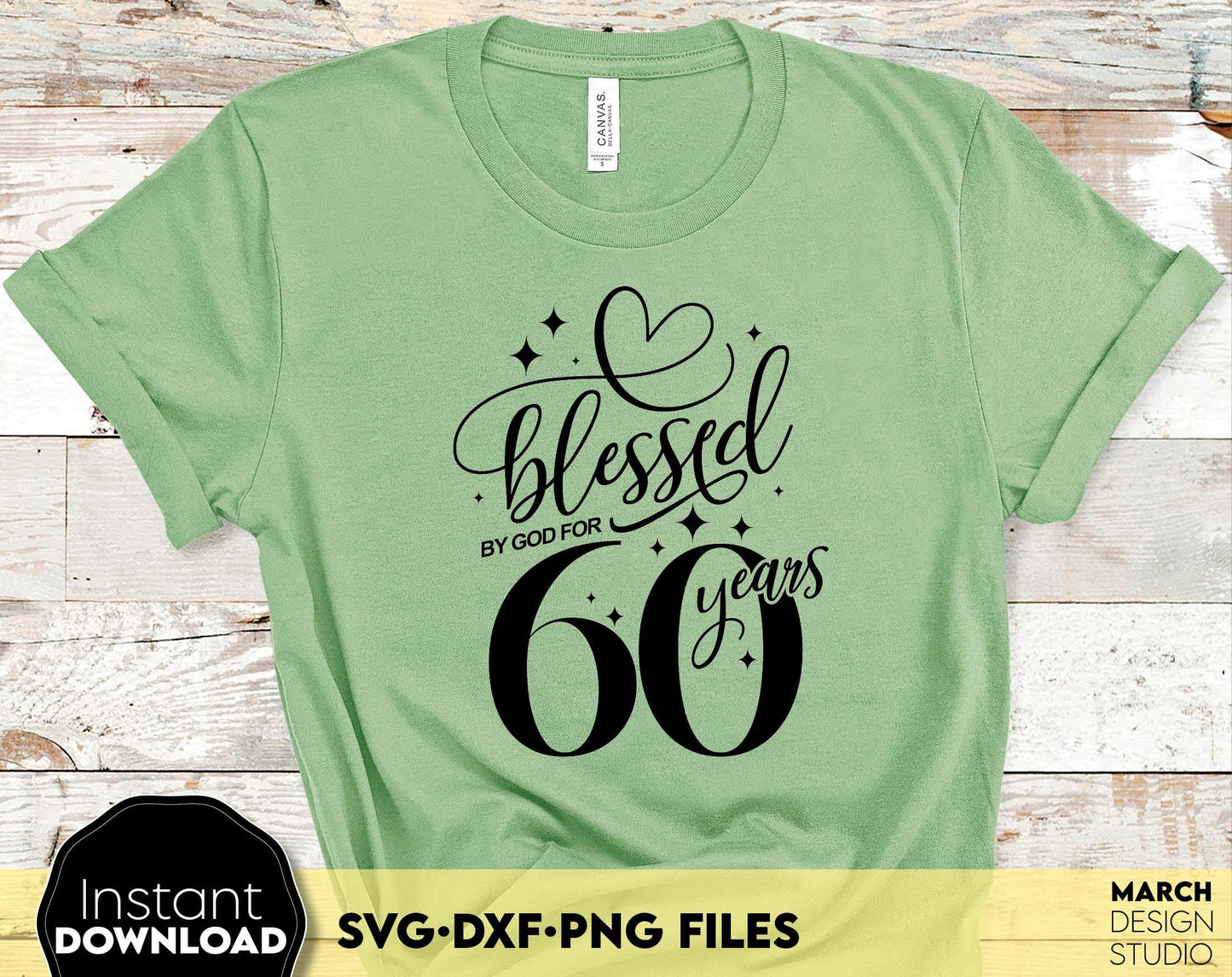 Blessed by God for 60 Years gold glittered and black Birthday shirt design. SVG DXF PNG files included. Compatible with Cricut, Silhouette or other equipment. Cut from vinyl, use for sublimation or laser cut or grave projects. Buy now and enjoy!