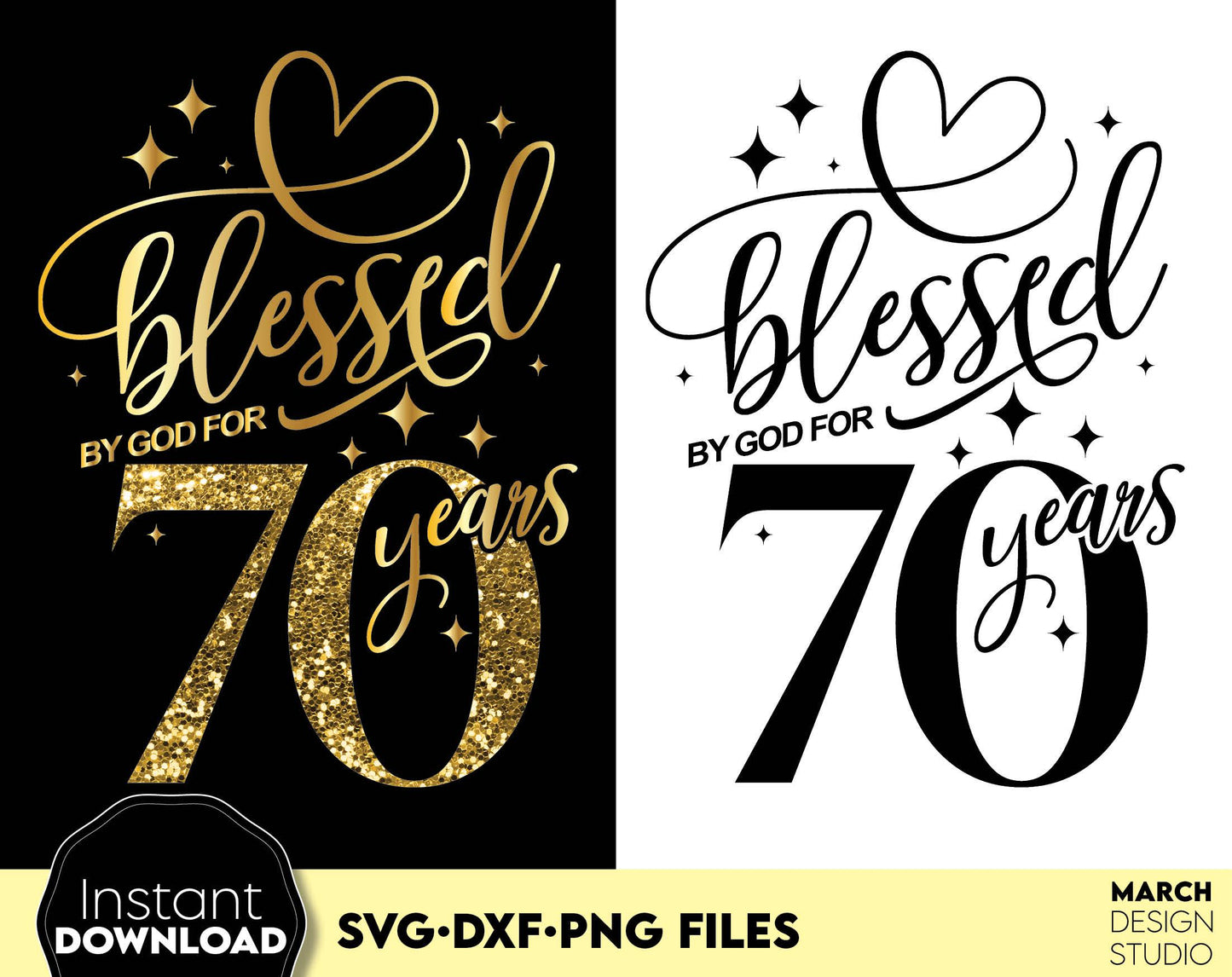 Blessed by God for 60 Years gold glittered and black Birthday shirt design. SVG DXF PNG files included. Compatible with Cricut, Silhouette or other equipment. Cut from vinyl, use for sublimation or laser cut or grave projects. Buy now and enjoy!