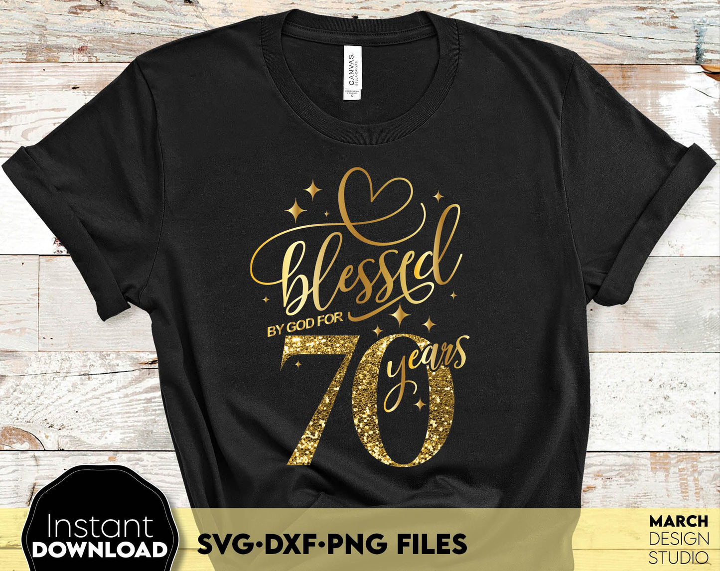 Blessed by God for 60 Years gold glittered and black Birthday shirt design. SVG DXF PNG files included. Compatible with Cricut, Silhouette or other equipment. Cut from vinyl, use for sublimation or laser cut or grave projects. Buy now and enjoy!