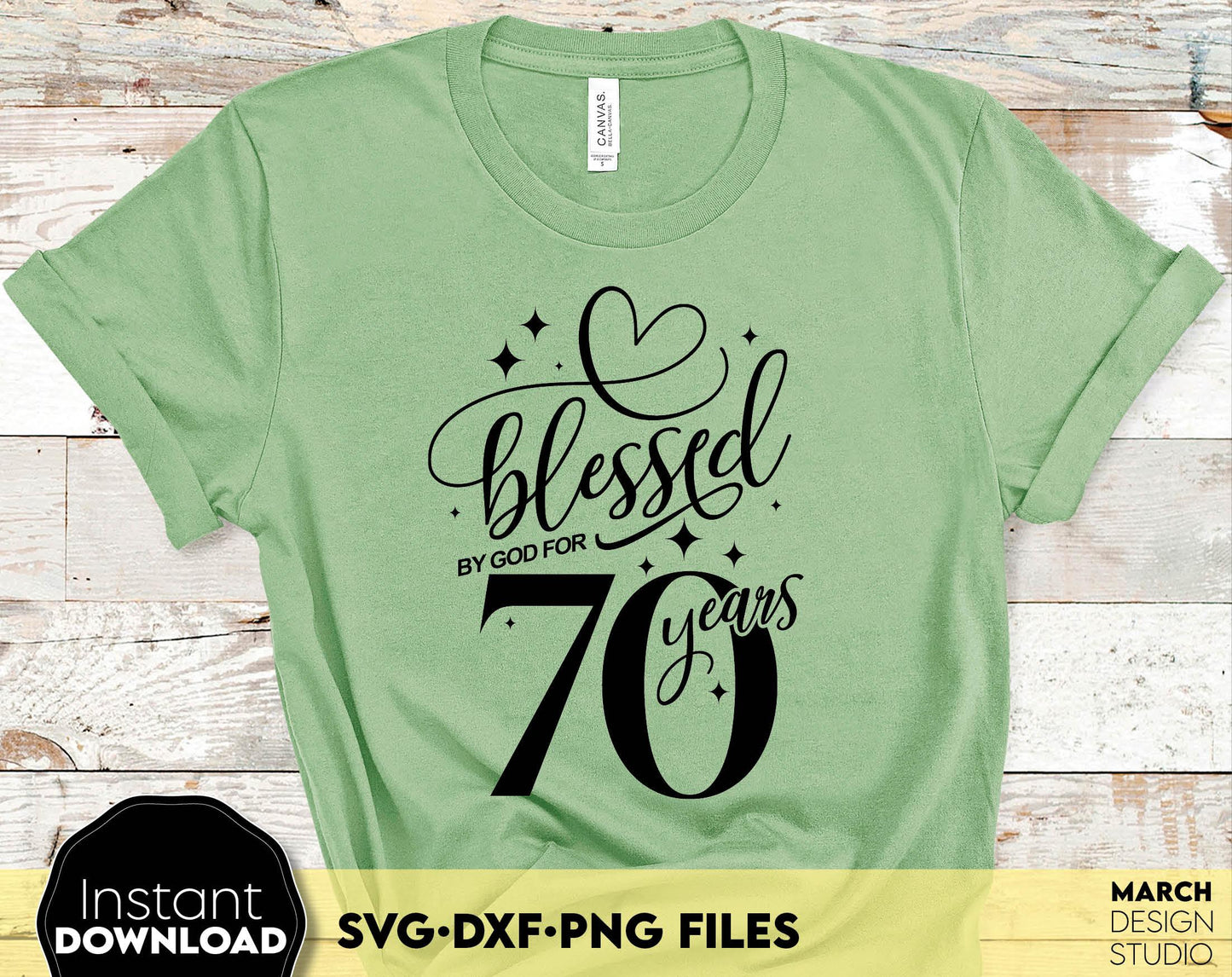 Blessed by God for 60 Years gold glittered and black Birthday shirt design. SVG DXF PNG files included. Compatible with Cricut, Silhouette or other equipment. Cut from vinyl, use for sublimation or laser cut or grave projects. Buy now and enjoy!