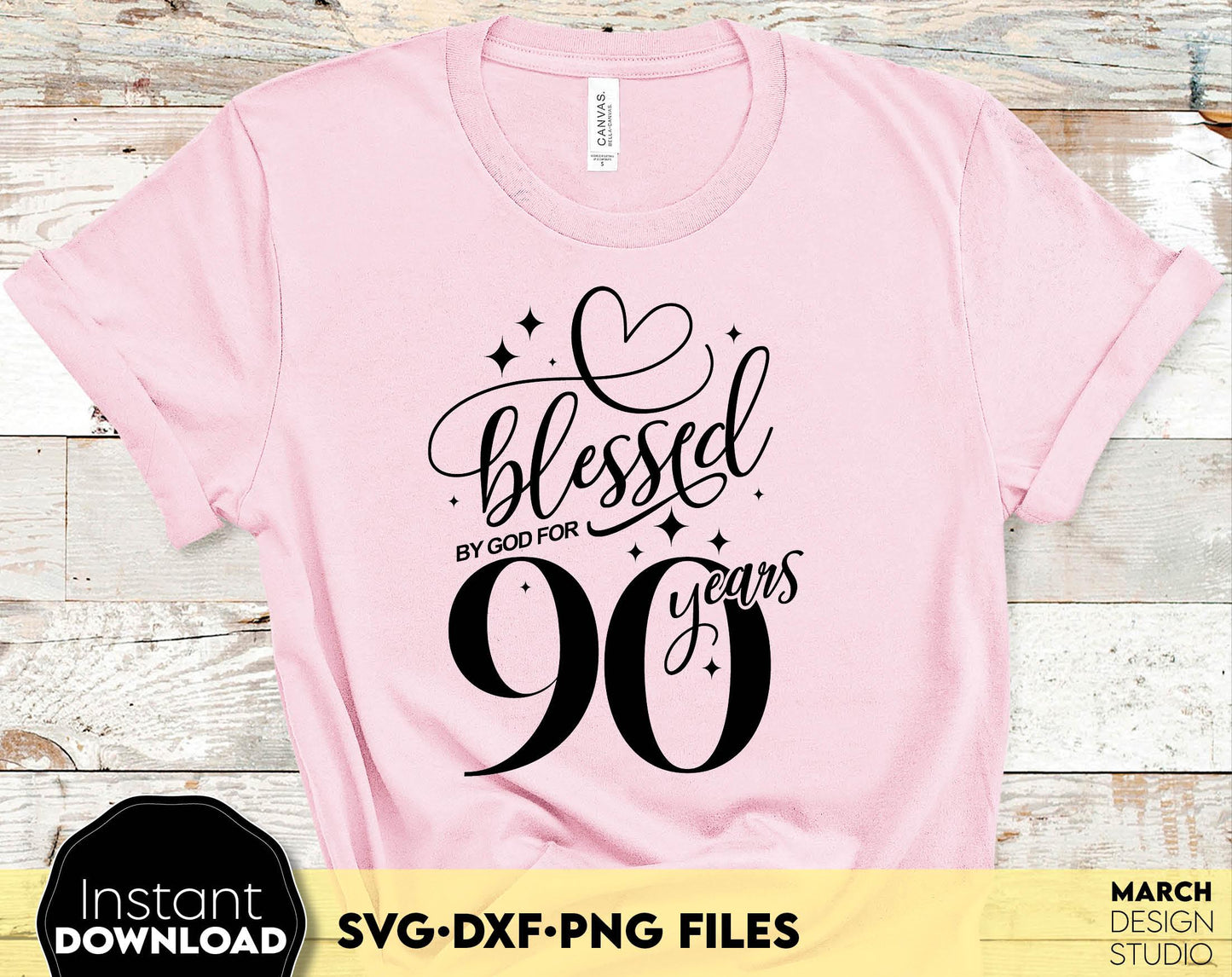 Blessed by God for 90 Years gold glittered and black Birthday shirt design. SVG DXF PNG files included. Compatible with Cricut, Silhouette or other equipment. Cut from vinyl, use for sublimation or laser cut or grave projects. Buy now and enjoy!