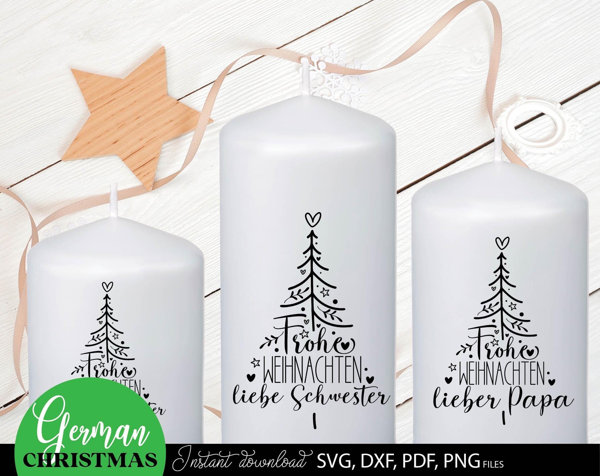 Familie Weihnachen Herzensmensk kerzen tattoo sitckers. SVG DXF PDF PNG files included. Compatible with Cricut, Silhouette, printers. Cut from vinyl, use for sublimation, laser, or made stickers for candles. Buy now for a good price and enjoy!