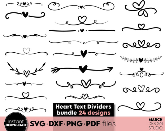 Decorative dividers lines bundle for your wedding, cards, home decorations etc. projects. SVG, PNG, DXF, PDF, JPG files included. Cut from vinyl, use for sublimation or laser cut projects. Compatible with Cricut, Silhouette and other machines. Enjoy!