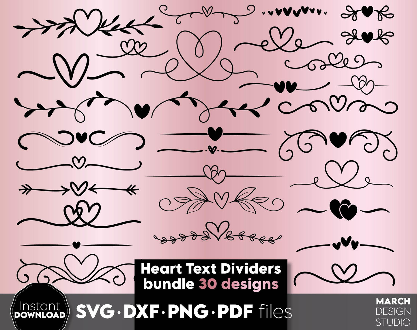 Heart Text Dividers Bundle with 30 designs in it. SVG DXF PNG PDF files included. Compatible with Cricut, Silhouette or other equipment. Cut from vinyl, use for sublimation or laser cut or grave projects. Buy now for a good price and enjoy!