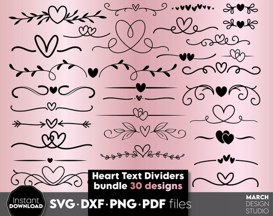 Heart Text Dividers Bundle with 30 designs in it. SVG DXF PNG PDF files included. Compatible with Cricut, Silhouette or other equipment. Cut from vinyl, use for sublimation or laser cut or grave projects. Buy now for a good price and enjoy!