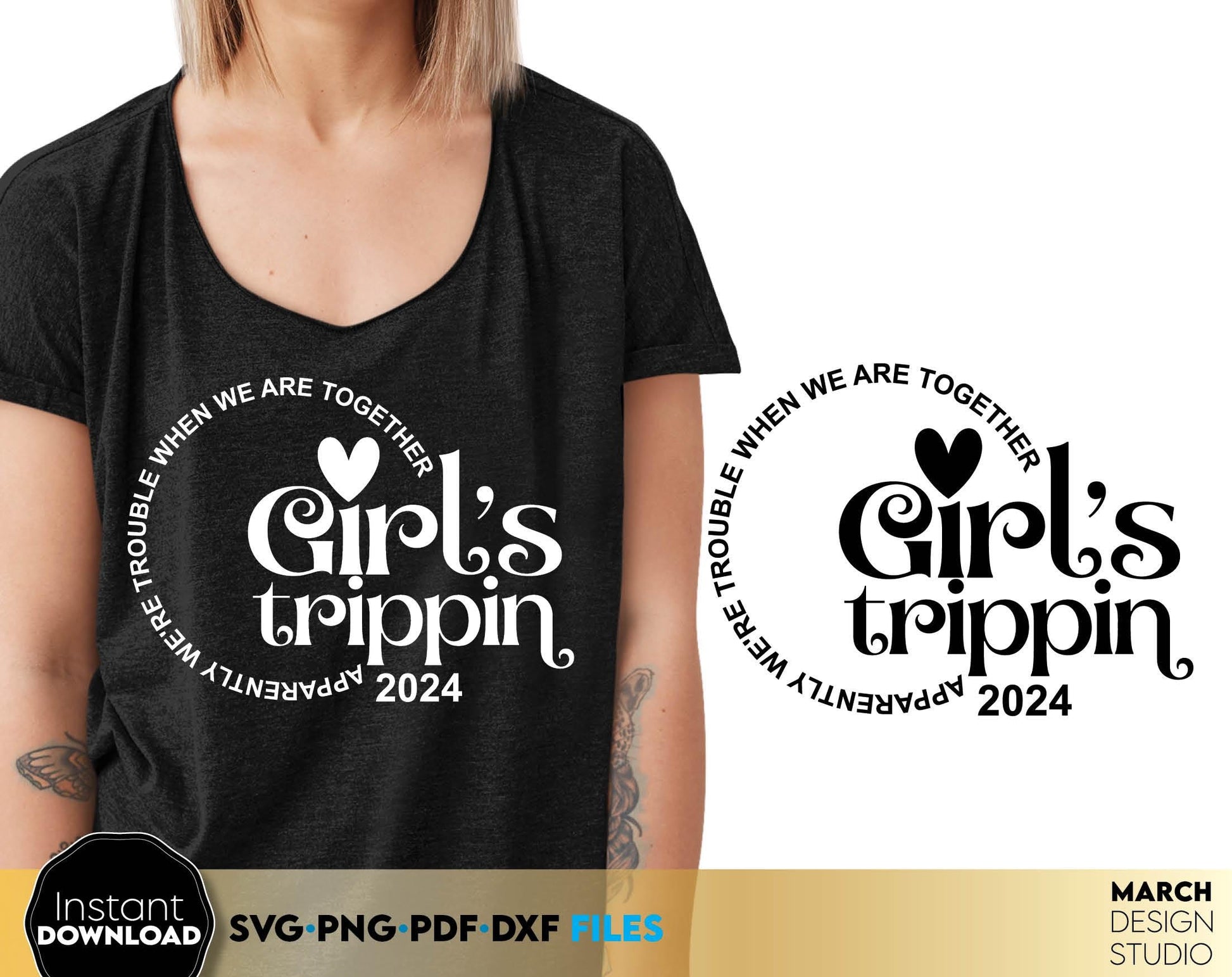 Apparently we are trouble when we are together - Girls Weekend 2024 matching trip shirts design. SVG DXF PNG PDF files included. Compatible with Cricut, Silhouette or other equipment. Cut from vinyl, use for sublimation or laser cut and grave project