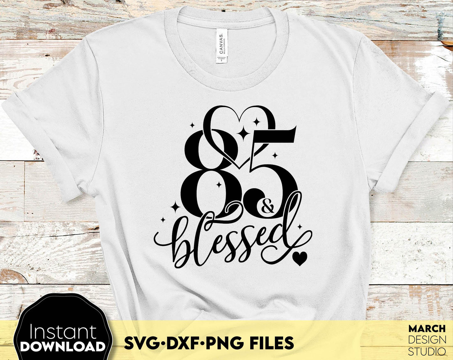 85 and blessed and call her blessed Birthday shirt design for cutting from vinyl and glittered PNG included for Your sublimation projects. SVG file included. Compatible with Cricut, Silhouette and other machines. Buy now for a good price and enjoy!