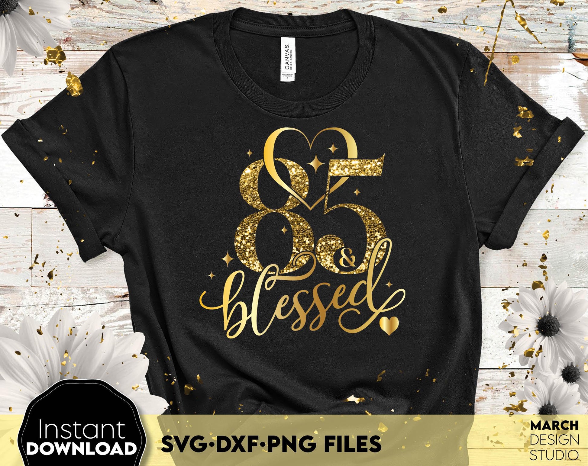 85 and blessed and call her blessed Birthday shirt design for cutting from vinyl and glittered PNG included for Your sublimation projects. SVG file included. Compatible with Cricut, Silhouette and other machines. Buy now for a good price and enjoy!