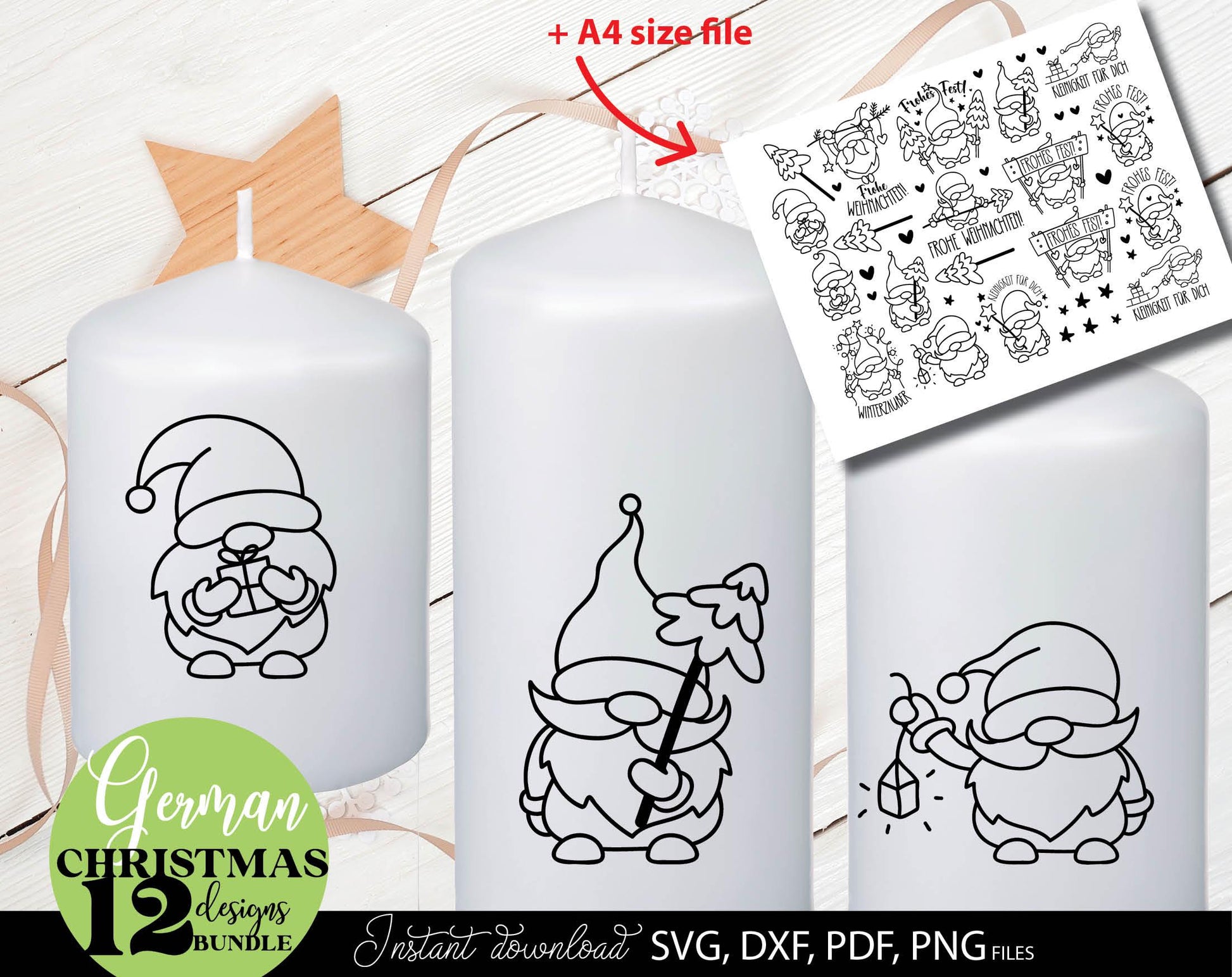 German Christmas gnome bundle 12 designs. SVG DXF PDF PNG files included. Compatible with Cricut, Silhouette or other equipment. Cut from vinyl, use for sublimation or laser cut  or grave projects. Buy now for a good price and enjoy!