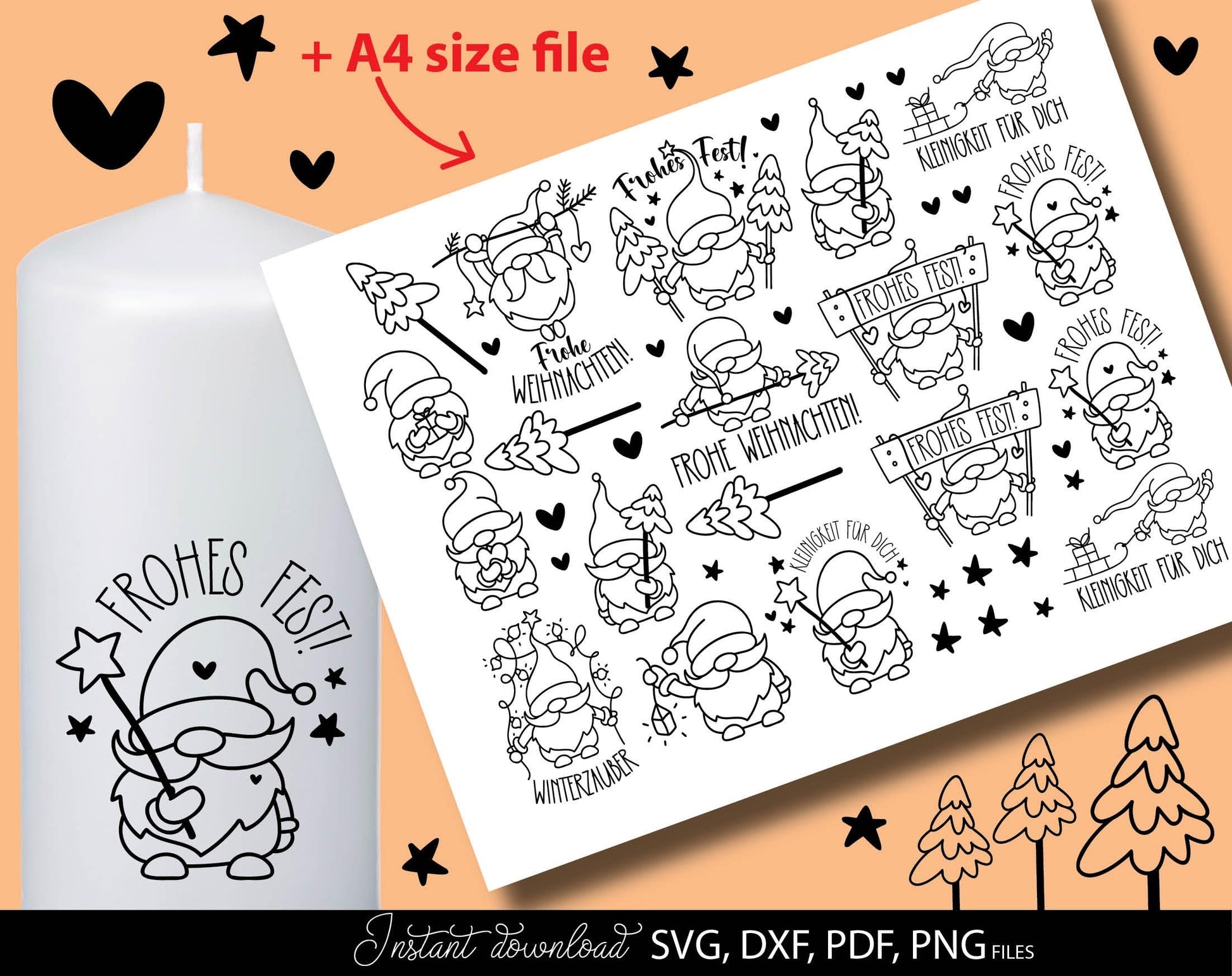 German Christmas gnome bundle 12 designs. SVG DXF PDF PNG files included. Compatible with Cricut, Silhouette or other equipment. Cut from vinyl, use for sublimation or laser cut  or grave projects. Buy now for a good price and enjoy!