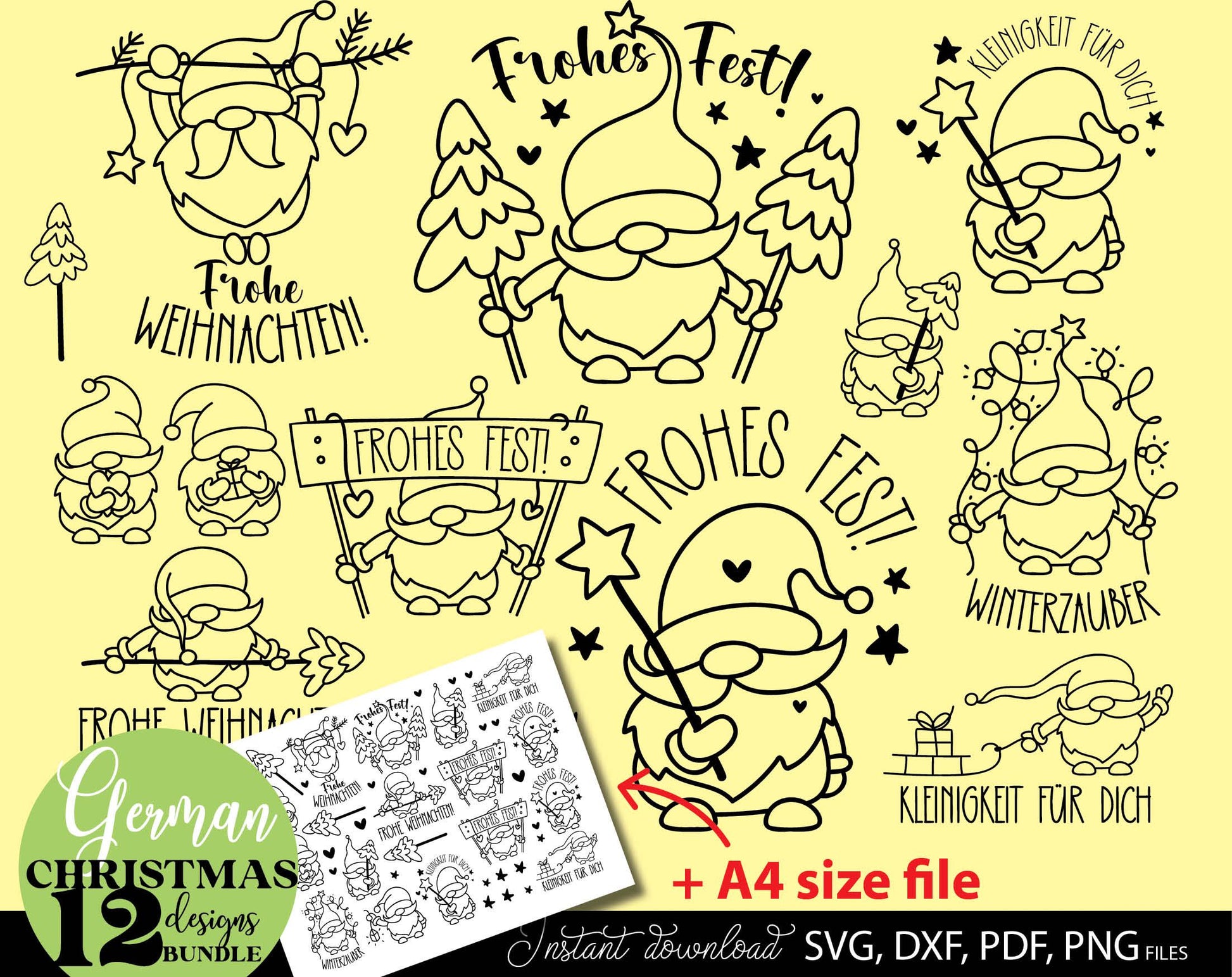 German Christmas gnome bundle 12 designs. SVG DXF PDF PNG files included. Compatible with Cricut, Silhouette or other equipment. Cut from vinyl, use for sublimation or laser cut  or grave projects. Buy now for a good price and enjoy!