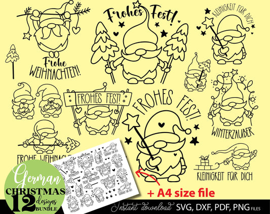 German Christmas gnome bundle 12 designs. SVG DXF PDF PNG files included. Compatible with Cricut, Silhouette or other equipment. Cut from vinyl, use for sublimation or laser cut  or grave projects. Buy now for a good price and enjoy!