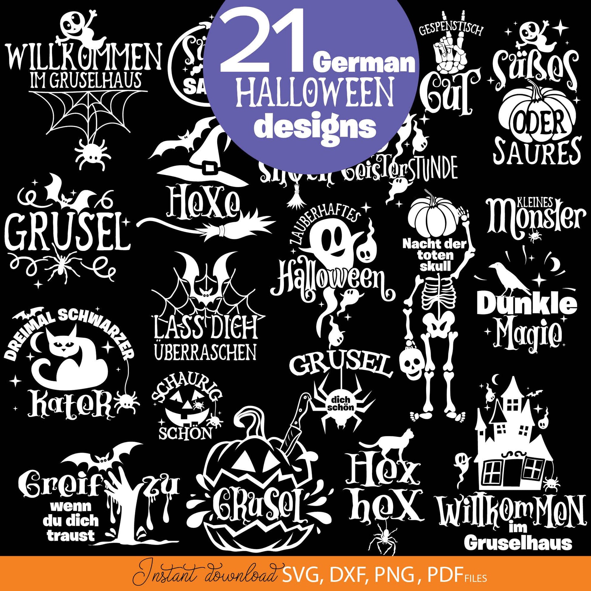 German Halloween quotes plotter files bundle. Use for cutting from vinyl, for sublimation or laser cut projects. SVG, DXF, PNG and PDF files included. Compatible with Cricut, Silhouette or other equipment! Buy now for a good price and enjoy!