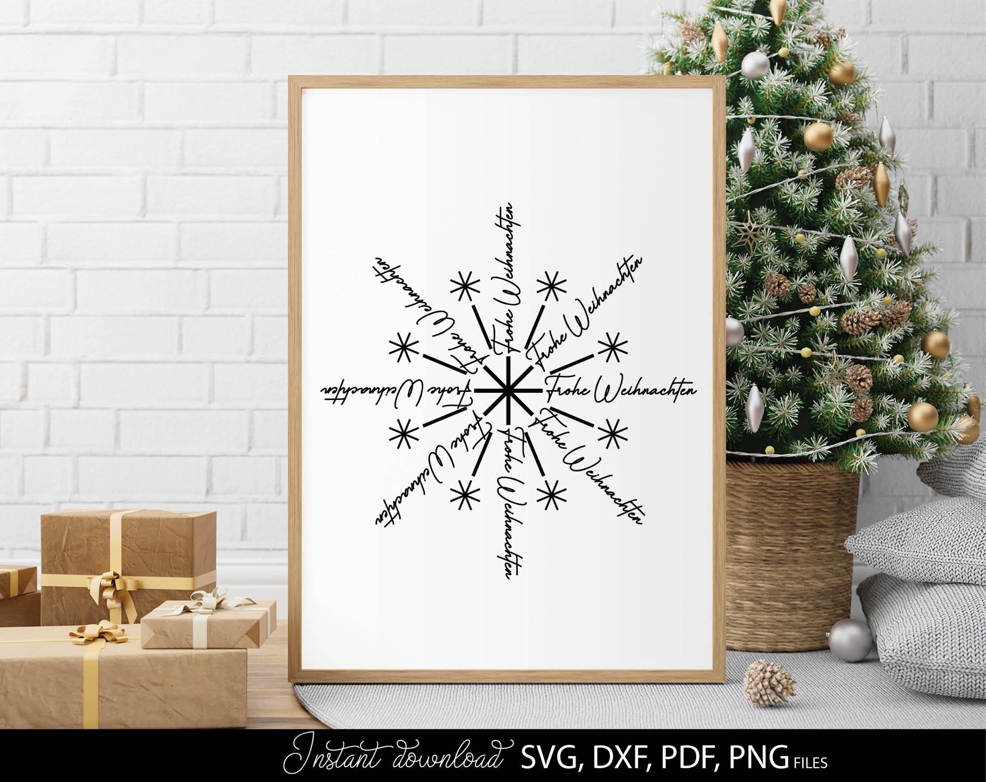 Frohe Weihnachten snowflake for Your Christmas window decor. SVG DXF PDFPNG files included. Compatible with Cricut, Silhouette or other equipment. Cut from vinyl, use for sublimation or laser cut or grave projects. Buy now for a good price and enjoy!