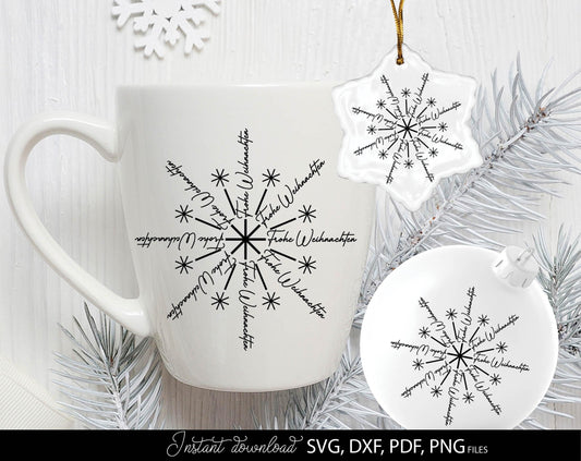 Frohe Weihnachten snowflake for Your Christmas window decor. SVG DXF PDFPNG files included. Compatible with Cricut, Silhouette or other equipment. Cut from vinyl, use for sublimation or laser cut or grave projects. Buy now for a good price and enjoy!