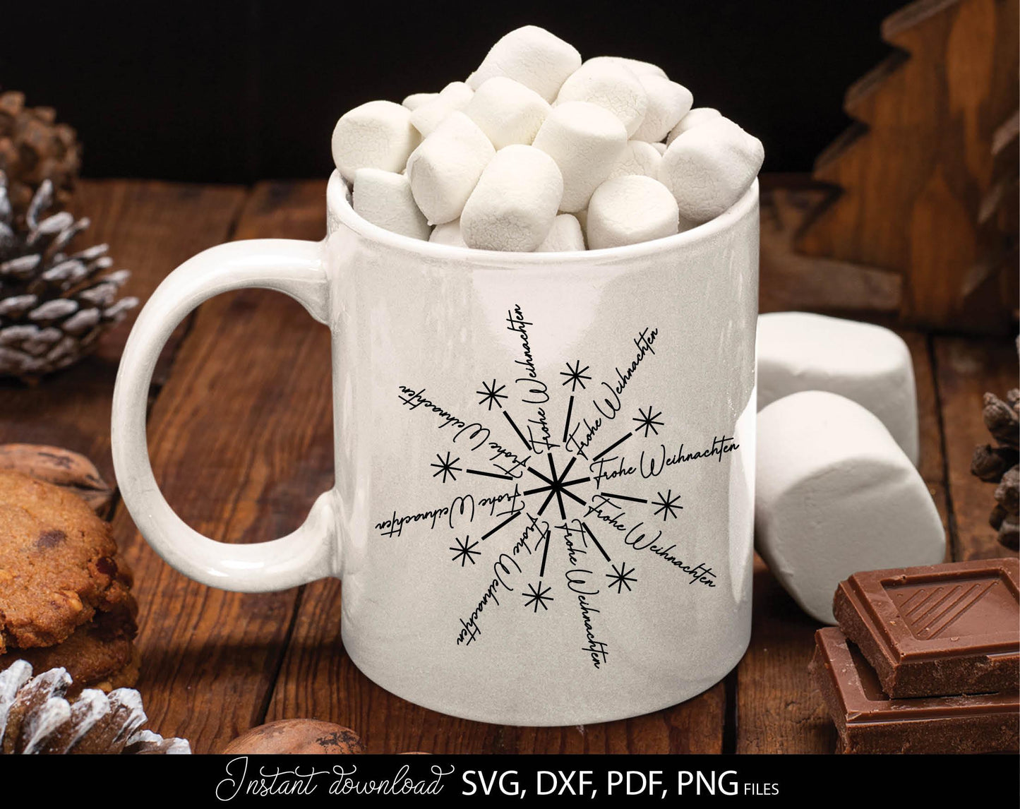 Frohe Weihnachten snowflake for Your Christmas window decor. SVG DXF PDFPNG files included. Compatible with Cricut, Silhouette or other equipment. Cut from vinyl, use for sublimation or laser cut or grave projects. Buy now for a good price and enjoy!