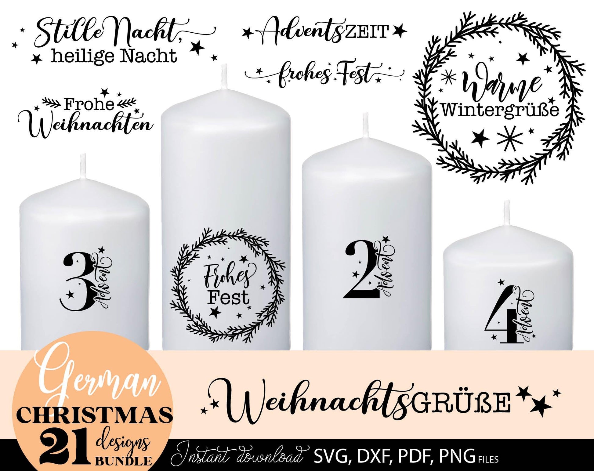 Bundle German Words Christmas SVG Plotter File Candle Texts Christmas Candle Design. Use with water slide paper. With Cricut, Silhouette or Glowforge as well. 22 German Christmas sayings included. SVG, DXF, EPS and PNG files included. Buy and enjoy!