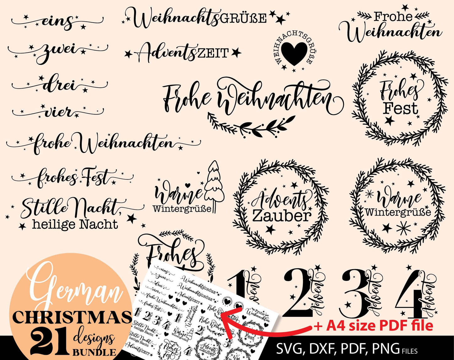 Bundle German Words Christmas SVG Plotter File Candle Texts Christmas Candle Design. Use with water slide paper. With Cricut, Silhouette or Glowforge as well. 22 German Christmas sayings included. SVG, DXF, EPS and PNG files included. Buy and enjoy!