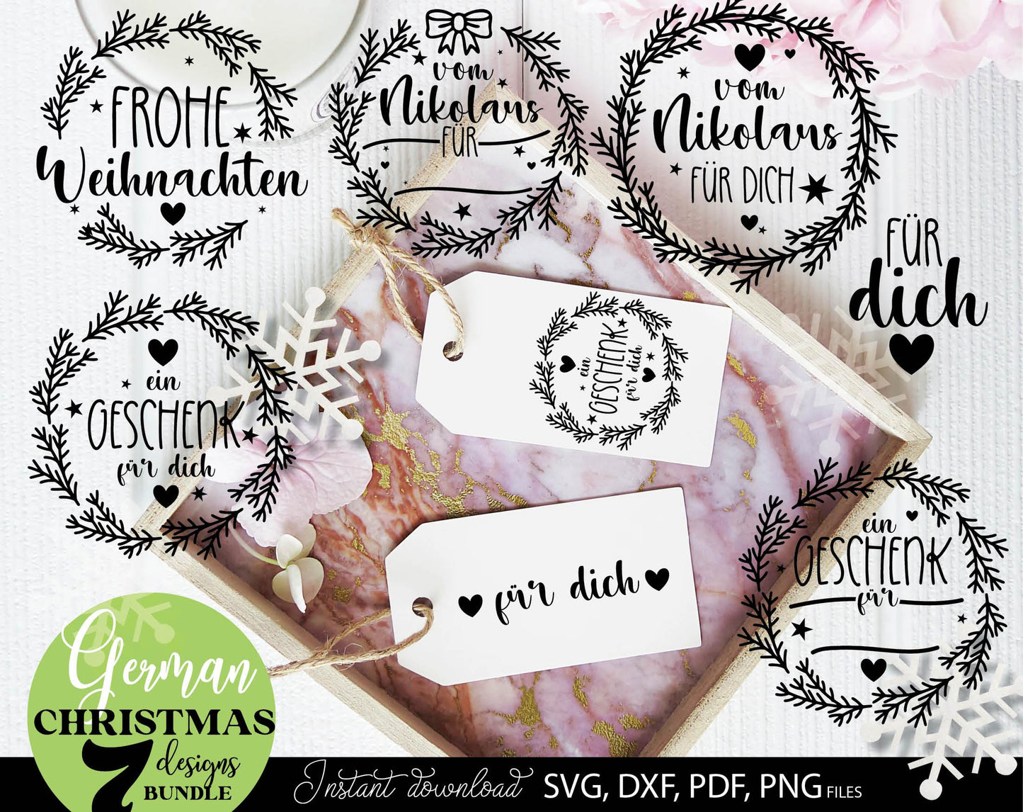 German Frohe Weihnachten plotter file svg png dxf designs bundle for You Christmas evening ornaments. Use for cutting from vinyl, sublimation or laser cut projects.
Buy now and enjoy!