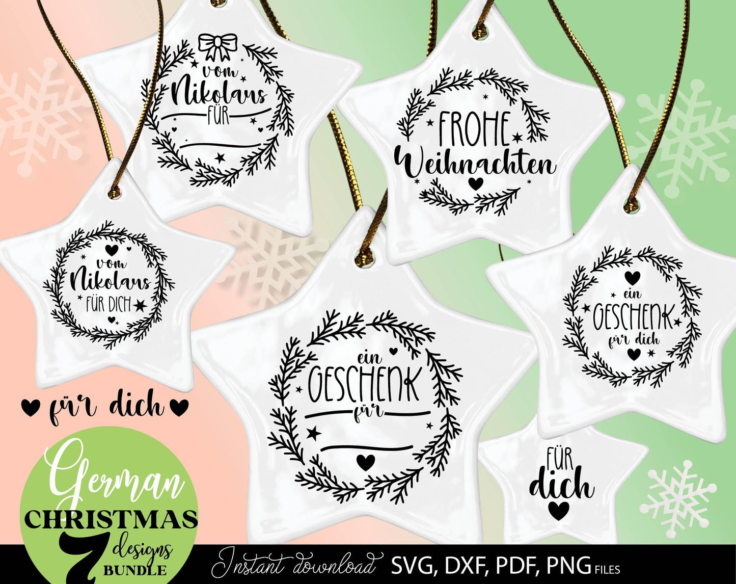 German Frohe Weihnachten plotter file svg png dxf designs bundle for You Christmas evening ornaments. Use for cutting from vinyl, sublimation or laser cut projects.
Buy now and enjoy!