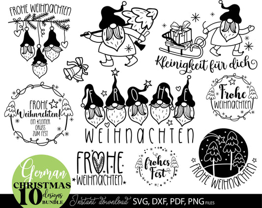 German Christmas gnome bundle 10 designs. SVG DXF PDF PNG files included. Compatible with Cricut, Silhouette or other equipment. Cut from vinyl, use for sublimation or laser cut or grave projects, use as Weihnachten kerzen tattoo as well. Buy now!