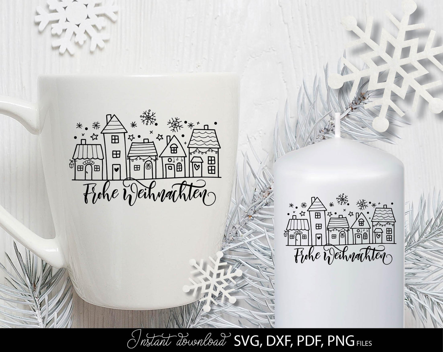German Frohe Weihnachten plotter file svg png dxf designs bundle for You Christmas evening ornaments. Use for cutting from vinyl, sublimation or laser cut projects.
Buy now and enjoy!