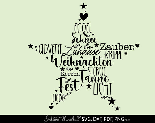 German Christmas Plotterdatei Stern. SVG PNG DXF PDF files included. Compatible with Cricut, Silhouette or other equipment. Cut from vinyl, use for sublimation or laser cut or grave projects. Buy now for a good price and enjoy! Discounts available 😉