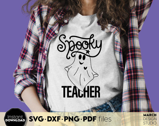 Spooky Teacher shirt design for Your loved ones teacher. SVGDXF PNG PDF files included. Compatible with Cricut, Silhouette or other equipment. Cut from vinyl, use for sublimation or laser cut or grave projects. Buy now for a good price and enjoy!