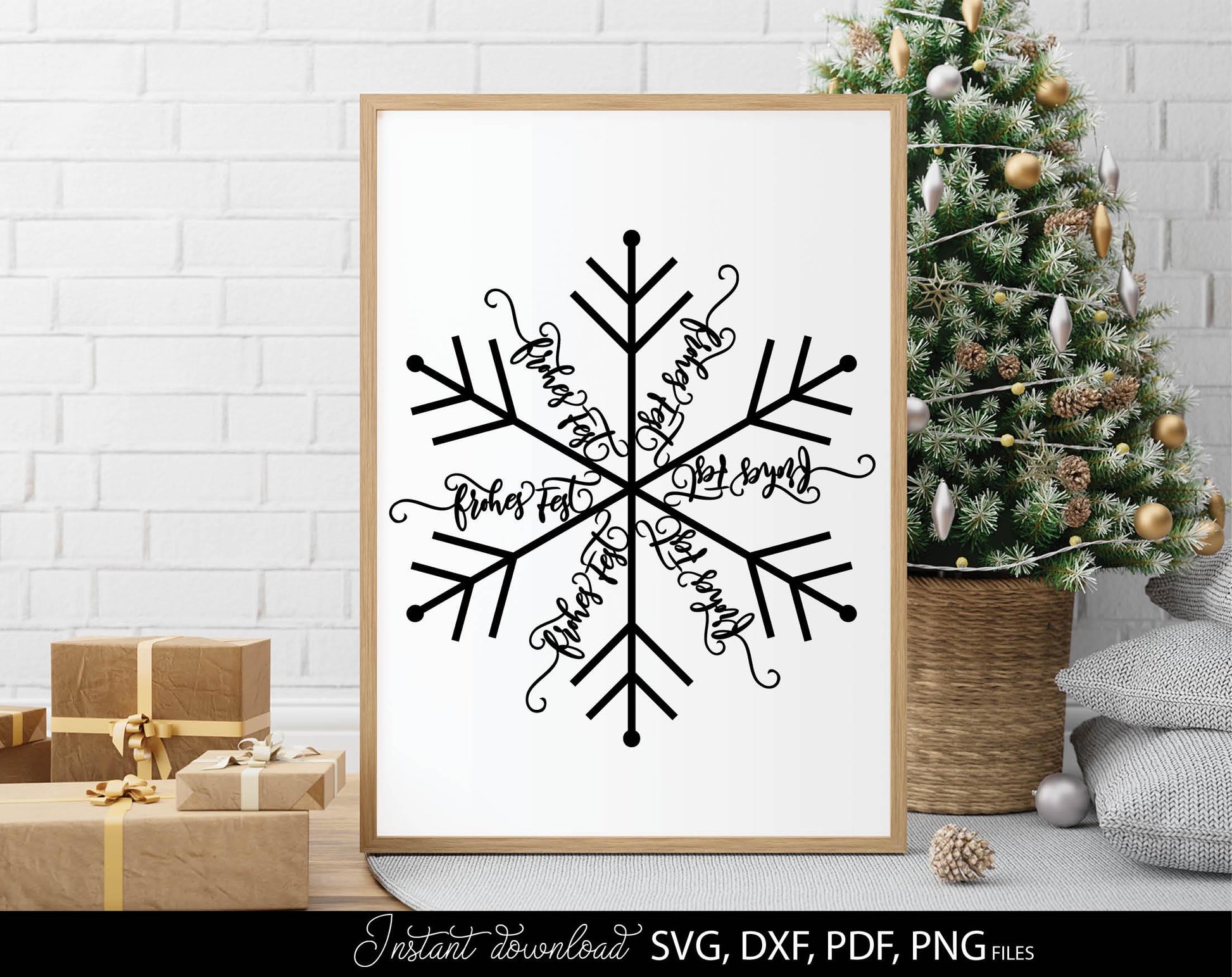 Schneeflocke Svg Png DXF PDF plotter file -Frohes Fest quote on it. Compatible with Cricut, Silhouette or other equipment. Cut from vinyl, use for sublimation or laser cut or grave projects. Buy now for a good price and enjoy!