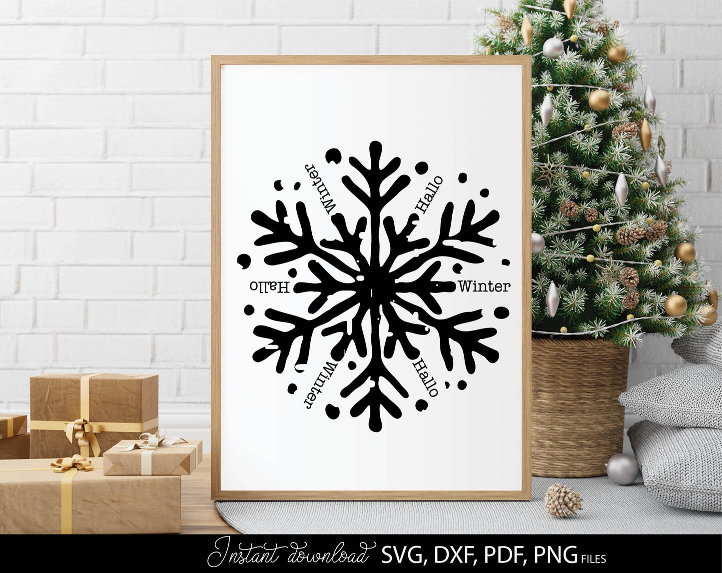 Hallo Winter snowflake for Your Christmas window decor. SVG DXF PDFPNG files included. Compatible with Cricut, Silhouette or other equipment. Cut from vinyl, use for sublimation or laser cut or grave projects. Buy now for a good price and enjoy!