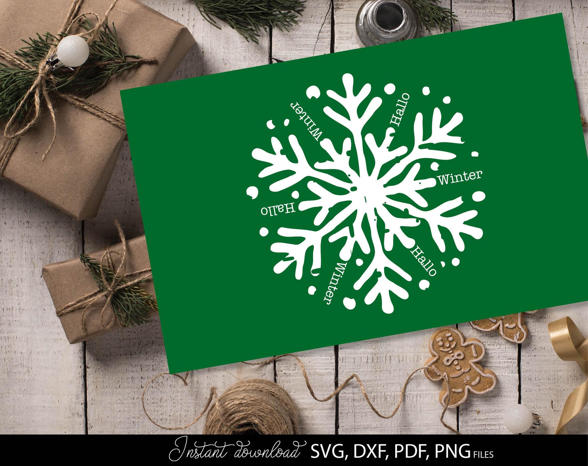 Hallo Winter snowflake for Your Christmas window decor. SVG DXF PDFPNG files included. Compatible with Cricut, Silhouette or other equipment. Cut from vinyl, use for sublimation or laser cut or grave projects. Buy now for a good price and enjoy!