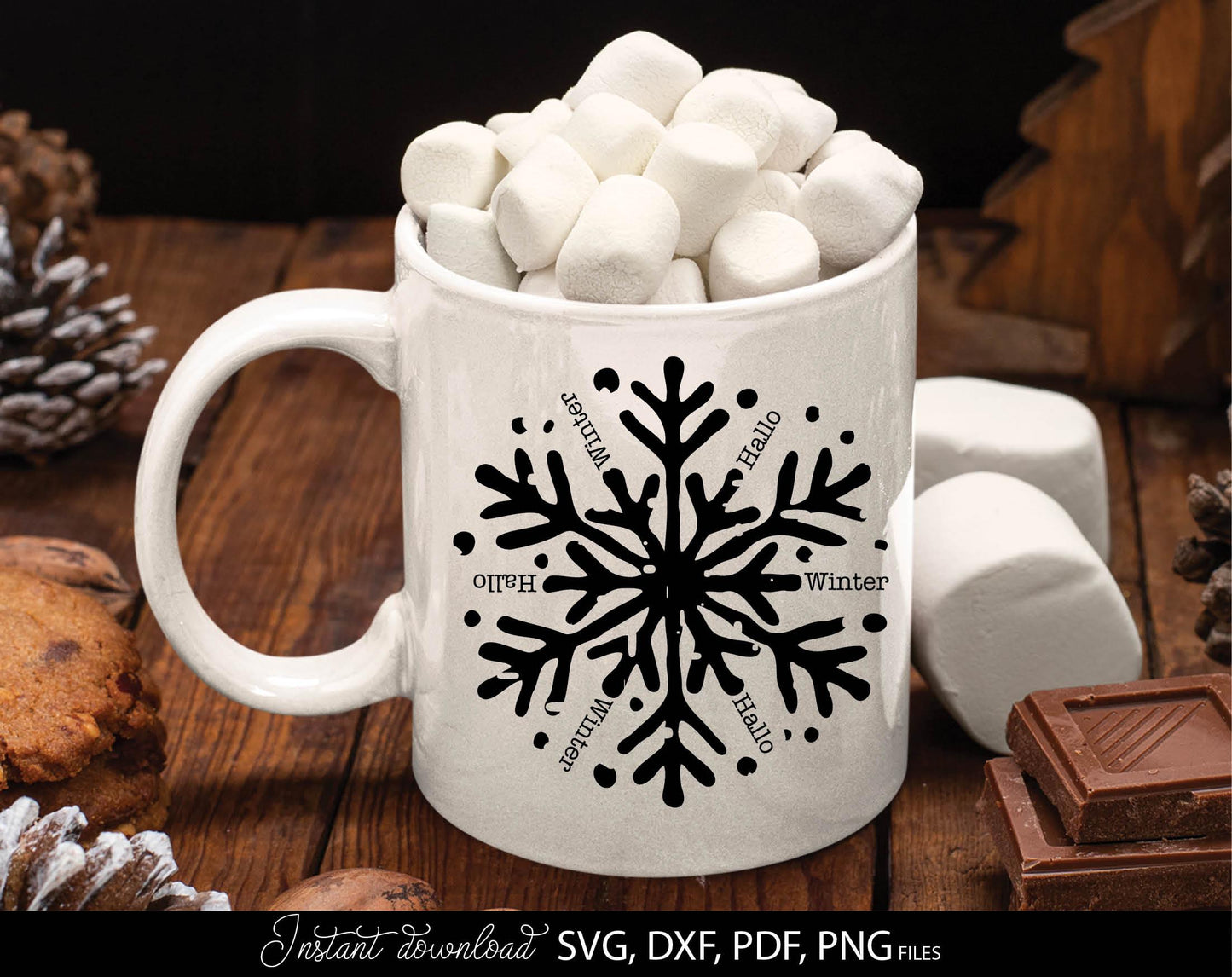 Hallo Winter snowflake for Your Christmas window decor. SVG DXF PDFPNG files included. Compatible with Cricut, Silhouette or other equipment. Cut from vinyl, use for sublimation or laser cut or grave projects. Buy now for a good price and enjoy!