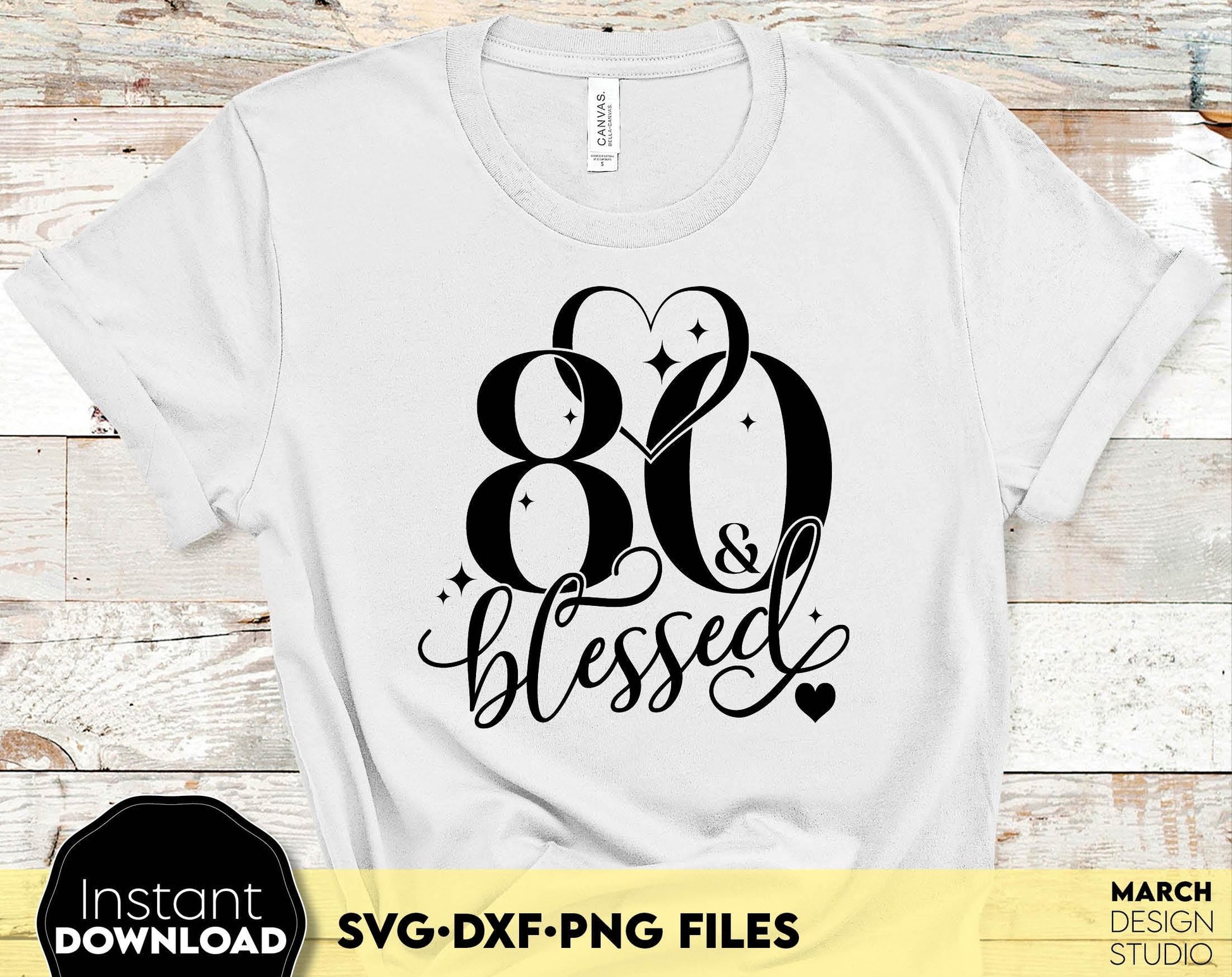 80 and blessed Birthday shirt design for cutting from vinyl and glittered PNG included for Your sublimation projects. SVG, PNG, EPS, DXF files included. Compatible with Cricut, Silhouette and other machines. Buy now for a good price and enjoy!